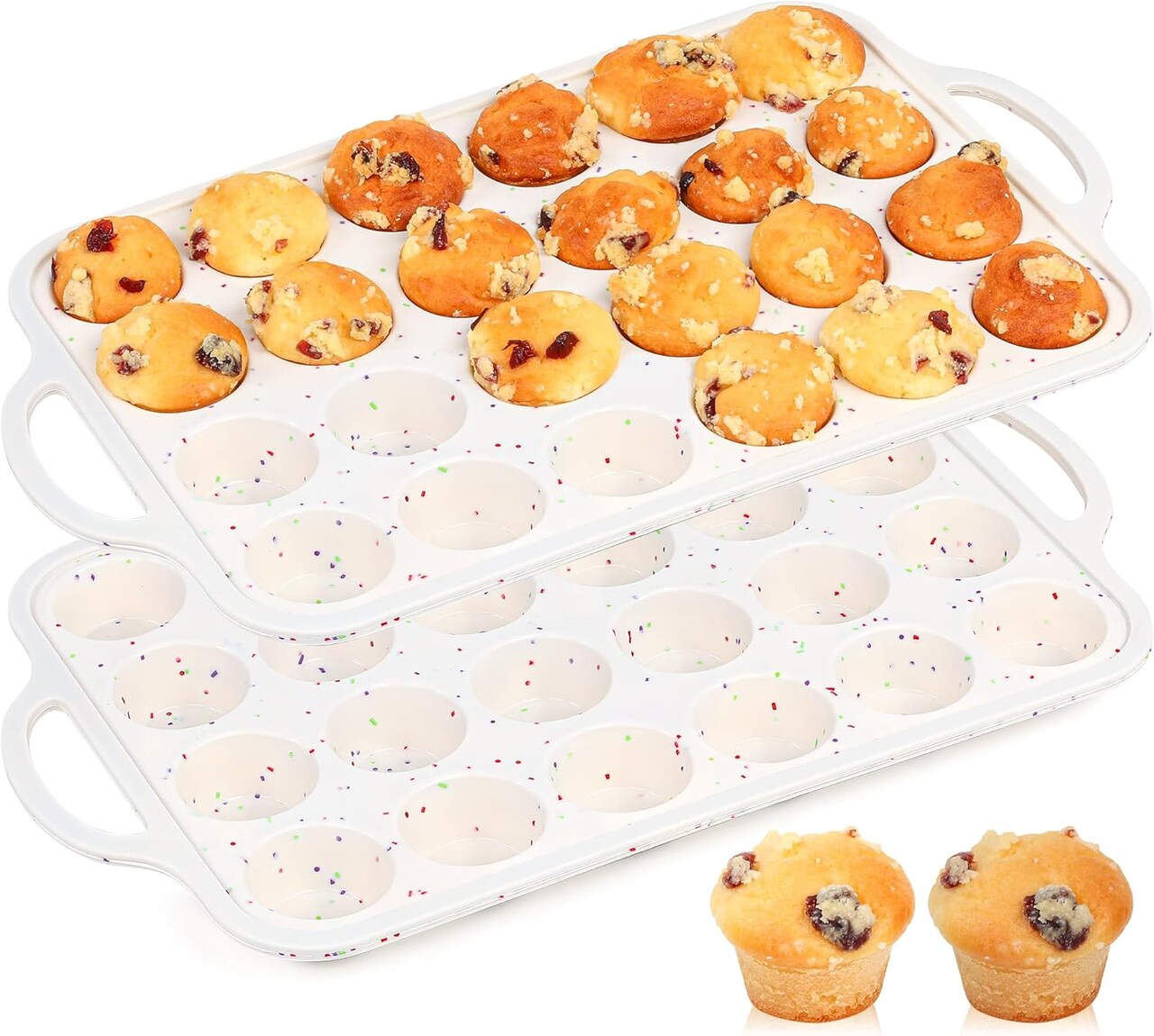 2-Pack Mini Silicone Muffin Pans, 24-Cup Nonstick with Metal Frame & Handles (Cream)